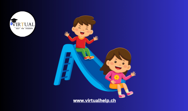 a boy and girl playing on a slide
