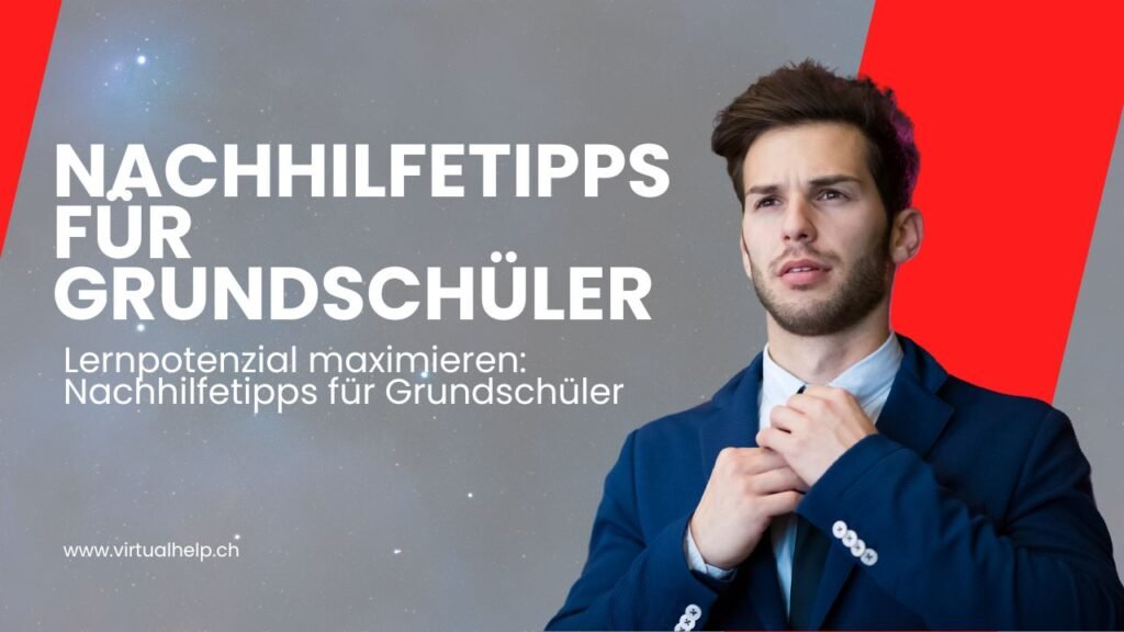 Lernpotenzial maximieren: Nachhilfetipps für Grundschüler 1 Person mit pixeliertem Gesicht, die einen dunklen Anzug trägt und ihre Krawatte richtet. Der Hintergrund ist diagonal geteilt mit Rottönen rechts und Weiß links. Es gibt einen Text auf Deutsch, der übersetzt ‘Nachhilfetipps für Grundschüler’ und ‘Lernpotenzial maximieren: Nachhilfetipps für Grundschüler’ bedeutet, zusammen mit der Webadresse ‘www.virtualhelp.ch’.