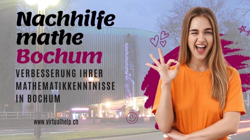 Nachhilfe Mathe Bochum: Verbesserung Ihrer Mathematikkenntnisse in Bochum 1 Werbebild für Mathematik-Nachhilfe in Bochum mit dem Text “Verbesserung Ihrer Mathematikkenntnisse in Bochum” und der Webseite “www.virtualhelp.ch”. Person zeigt Peace-Zeichen, Gesicht durch braunes Rechteck verdeckt, herzliche Atmosphäre mit Herz-Doodles.