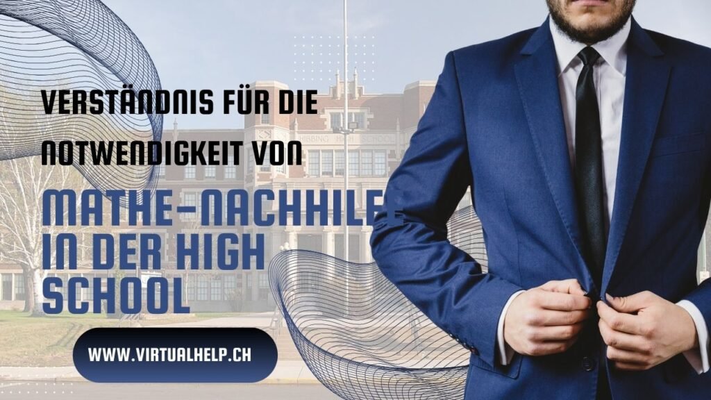 Die Notwendigkeit von Mathe-Nachhilfe an weiterführenden Schulen verstehen 1 Das Bild zeigt eine Person in einem Anzug, deren Kopf aus dem Bild herausgeschnitten ist, vor einem Hintergrund mit Gebäuden und klarem Himmel. Die Person hält ein Stück Papier oder eine Karte. Über das Bild gelegt ist ein Text auf Deutsch, der “Verständnis für die Notwendigkeit von Mathe-Nachhilfe in der High School” übersetzt und eine Website-Adresse “WWW.VIRTUALHELP.CH” enthält. Dieses Bild scheint eine Werbung oder Werbematerial für Mathe-Nachhilfedienste zu sein, die sich an Highschool-Schüler richten und die Wichtigkeit dieser Unterstützung betonen. Es sind keine mathematischen oder Hausaufgabenprobleme im Bild vorhanden.