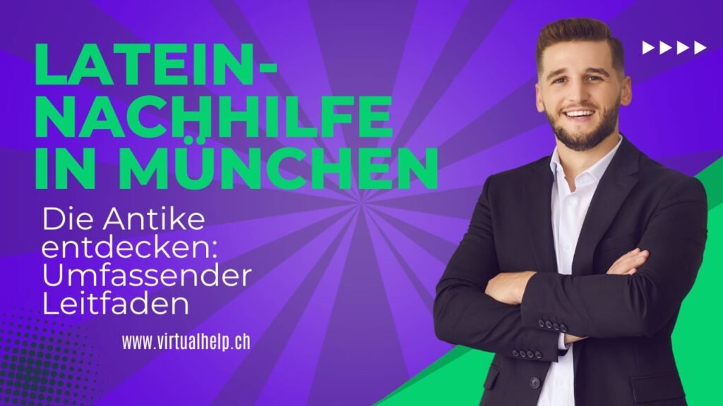 Die Antike entdecken: Umfassender Leitfaden für Latein-Nachhilfe München 1 Das Bild zeigt ein Werbebanner für Latein-Nachhilfe in München. Eine Person mit verpixeltem Gesicht trägt einen Anzug vor einem lila Hintergrund, neben dem Text “Latein-Nachhilfe in München - Die Antike entdecken: Umfassender Leitfaden” und der Webseite “virtualhelp.ch”. Stilisierte Pfeile sind rechts im Bild zu sehen.