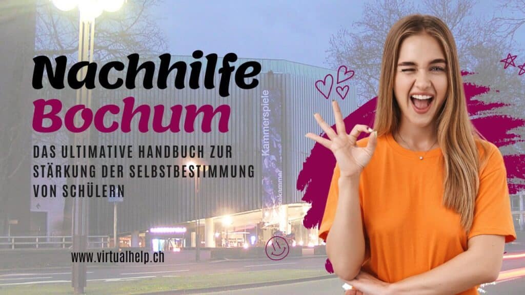 Studierende stärken: Das ultimative Handbuch zur Nachhilfe in Bochum 1 "A person stands in front of a building and makes the peace sign with his hand, surrounded by pink hearts. In the foreground is the text 'Nachhilfe Bochum - THE ULTIMATE HANDBOOK FOR STRENGTHENING THE SELF-DETERMINATION OF STUDENTS'. The background shows an urban environment at dusk or early evening."